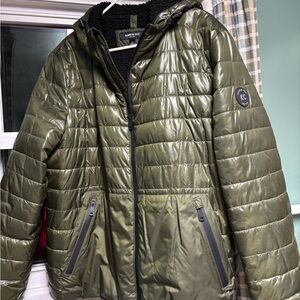 Kenneth Cole Shiny Olive Hooded Quilted Puffer Jacket